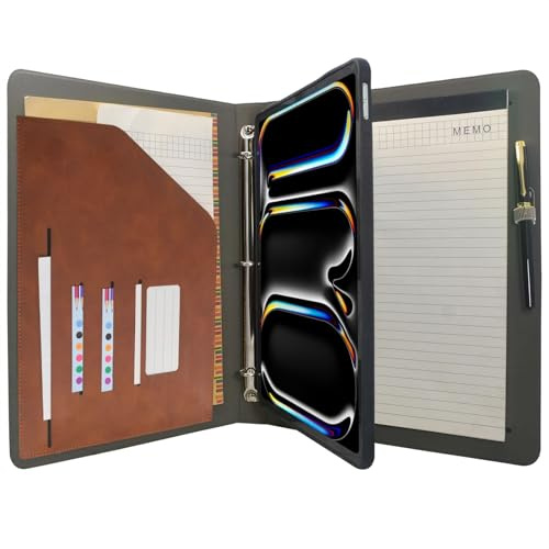 Tablet-Organizer, Portfolio-Hülle mit 3-Ringbuch, Ordner, Padfolio-Aktenordner mit abnehmbarer Tablet-Halterung, kompatibel mit iPad Pro (2024) mit 13 Zoll (33 cm) (Braun)