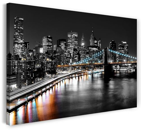 Printistico Leinwandbild (100x70cm) Amerika Fotografie, Brooklyn Bridge bei Nacht - leuchtende Skyline, USA, echter Holz-Keilrahmen inkl. Aufhänger, handgefertigt in Deutschland
