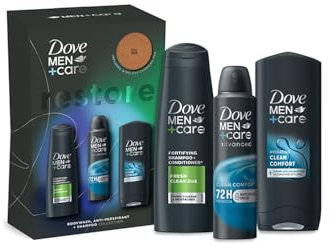 Dove Men+Care Restore Collection Clean Comfort 3in1 Body Wash 250ml, 2in1 Shampoo & Conditioner 250ml and Antiperspirant 200ml Gift Set for Him with Wireless Charging Pad