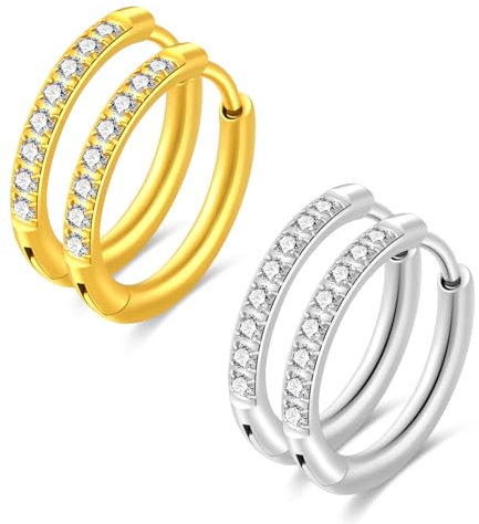2 Paar Eleganter Kleiner Ohrringe 12 mm Gold/Silber Creolen Leichte Ohrringe aus Chirurgischem Stahl 316L Hypoallergenisches Zirkonia-Ohrringset (Transparent)