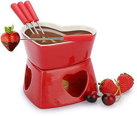 TOLIDA Keramik-Schokofondue-Set Herzförmiger Schokoladenschmelztopf Käsefonduetopf aus Porzellan mit 4 Gabeln 320ML Mini Hitzebeständigbrenner Teelichtfondue für Süßigkeiten Butter Käse