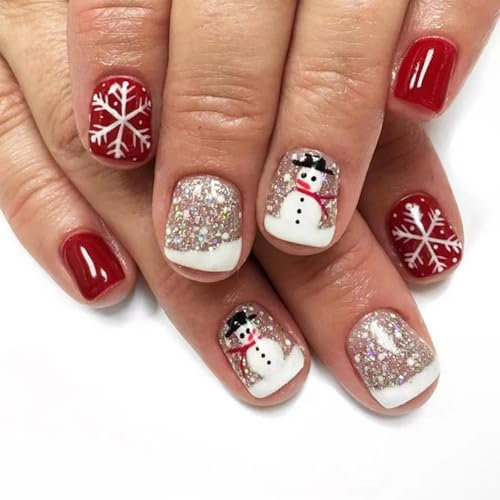 24pcs Noël Faux Ongles Court Français Rouge Bonhommes de Neige Ongles à Coller avec Neige Imprimer, Artificiel Glossy Fake Nails pour Femmes Filles Décoration D'ongles DIY