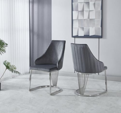 Modernique Velvet Upholstered Dining Chairs with Chrome Metal Legs, Set of 2, Black Grey and Cream (Grey)