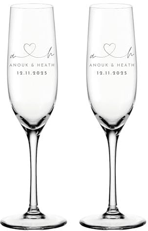 VILLA ROSA LOTTA Set de 2 Flûtes à Champagne Leonardo Gravées | Cadeau Mariage Personnalisé : Initiales Cœur, Noms, Date pour les Mariés | Verres à Pied Étiré