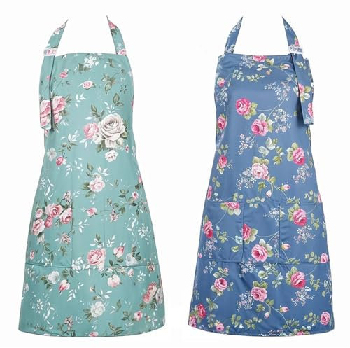 Hwtcjx 2 Pezzi Grembiule da Cucina Chef, Grembiule, Grembiule da Ristorante BBQ Bar, Regolabile Grembiuli con Tasche Chef di Cucina, Gembiule Cucina Uomo Donna (Rosa Azul, Rosa Verde)