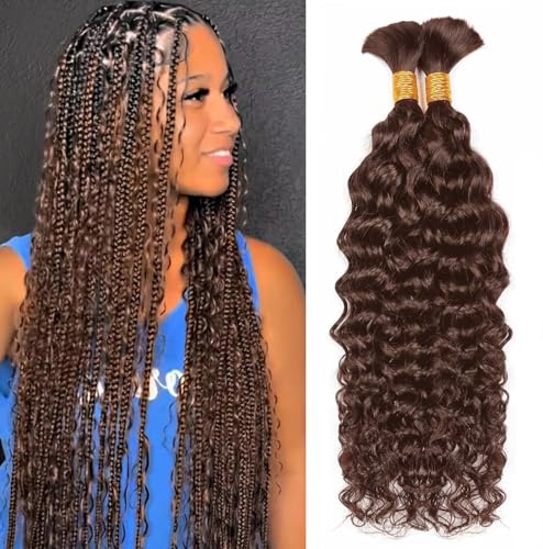 DaiMer Chocolate Brown Boho Braids Human Hair Extensions Water Wave 26 Inch | 10a #4 Water Wave Bulk Human Braiding Hair Colour 4 Boho Braids 2 Bundles/Pack 100g No Weft