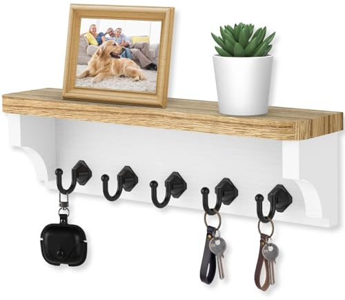 Nekon Key Holder for Wall, 11.8 W x 3.5 H x 2.8 D Wall Shelf (Brown) | Decorative Wooden Key Rack with Floating Shelf, Wall Mounted Key Organizer with 5 Hooks