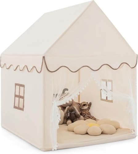FANTASK Kinderzelt mit Massivholzrahmen & Baumwolldecke, Kinderspielhaus für Jungen Mädchen Prinzess Prinzessin, Beige Kinderspielzelt Indoor, Kinder Spielhaus für Drinnen, 120x105x140cm