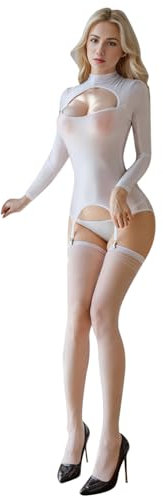 Gefomuofe Damen Latex Catsuit mit Handschuhen und Zehen Nackennetz Nein Zip-Schwarz Damen Catsuit Wetlook Ganzkörperanzug mit Reißverschluss Einteiliger Body Ouvert Anzug