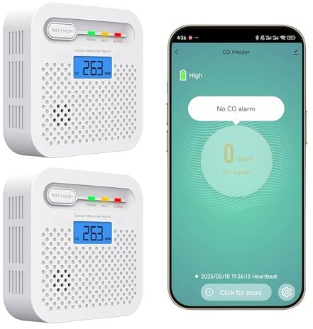 Smart Carbon Monoxide Detector, WiFi LED Digital Display Carbon Monoxide Alarms for Home, APP Remote Monitor CO Alarm Detector with 10 years Battery, 85 dB Alarm, Compatible with Alexa. 2PCS