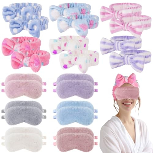 byepica 24-teiliges Plüsch-Übernachtungsparty-Set: Augenmasken & Schleifen-Stirnbänder für Teenager & Frauen, weiche elastische Schlafmasken & Haarbänder