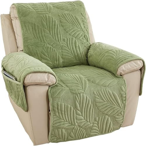 Recliner Chair Covers with Pockets Sofa Armrest Cover,Waterproof Nonslip Recliner Cover, Palm Leaves Velvet Plush Quilted Recliner Chair Cover for Kids, Dogs, Pets(Green)