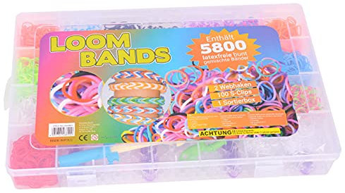 PartyMagix Loom Bänder Set 5800 Teile – XXL Gummibänder Starter Kit mit Zubehör, Webrahmen, Haken, Clips & Anleitung – Bastelset für Kinder, DIY Armbänder Freundschaftsbänder