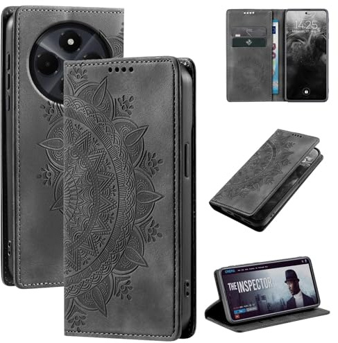 LBH Handyhülle für Xiaomi Redmi 14C Mandala Klapphülle RFID Schutz Kartenfächer Geldfach Design Cover Case Flipcase Schwarz