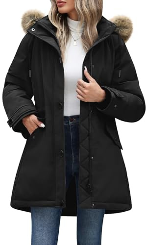 Vancavoo Winterjacke Damen Gefütterter Winterparka Wintermantel mit Kapuze | Wasserabweisend mit Abnehmbarer Kapuze, Taillenzug, Taschen, knöpfbaren Schlitzen und Doppelverschluss