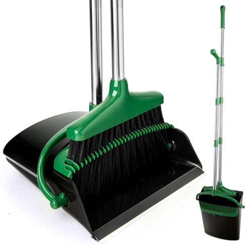 XXFLOWER Juego de escoba y recogedor con mango largo, escoba con pala, juego de recogedor con mango extensible, recogedor Broom and Dustpan para limpieza del hogar oficina (negro y verde)