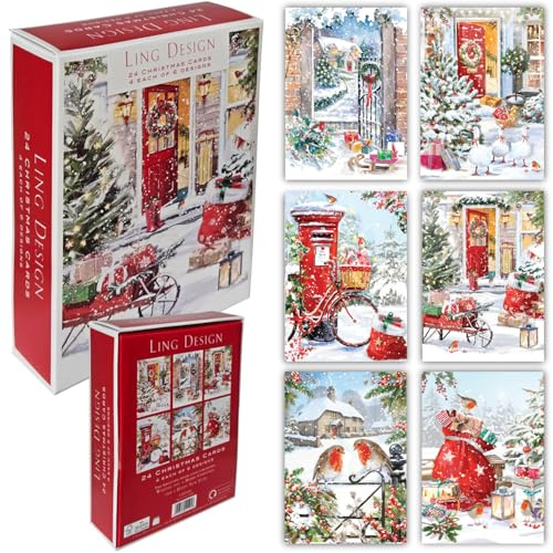 Ling design Premium Box of 24 Assorted Christmas and Happy New year Cards - 4 Each of 6 Designs - Great British Card Company (At Home for Christmas)