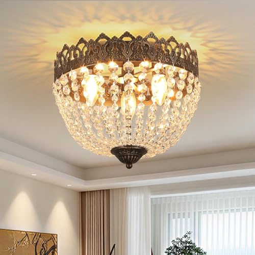 meibeileil Kristall Deckenleuchte Vintage Round,E14 Schwarz-Gold Deckenlampe 3-Licht,Antik Bronze Eisen Base Kristall Kronleuchter Chandelier,Wohnzimmer,Esszimmer,Villa Deckenlampe Schwarz 60W,Ø32cm.