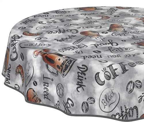Wachstuchtischdecke Tischdecke abwaschbar Wachstischdecke pflegeleicht wasserabweisend Lotuseffekt Gartentischdecke Coffee Kaffee Rund 100 cm mit Saum (Eingefasst)