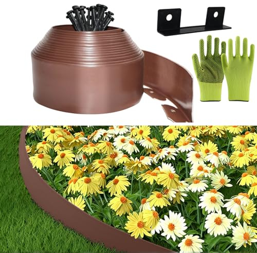 Flexible Rasenkante Kunststoff, Rasenkanten aus Kunststoff 10cmx10m, Inklusive 30 Ankerspitzen und 1 Verbinder, mit einem Paar Handschuhe, Gartenzaun decorativ (Braun, 10cmx10m)