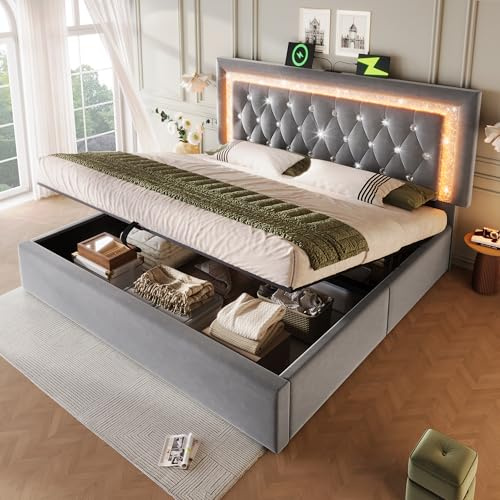 Qsddk Polsterbett Doppelbett 140x200 mit LED-Diamantband & USB-Ladestation