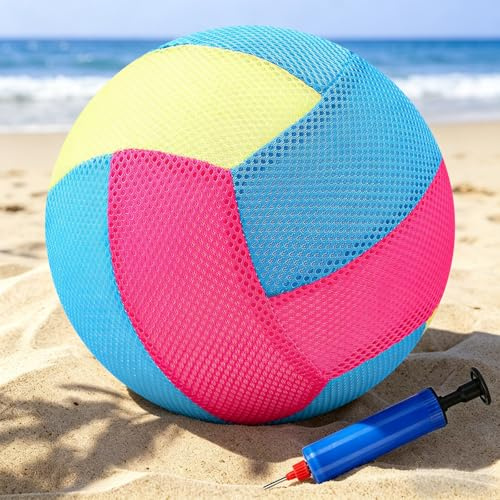 IHLOOTD Beachvolleyball Netzgewebe Beach Ball Ø 21 cm Strandball Wasserball Soft Volleyball mit Pumpe für Sommer Outdoor Indoor Strand Pool Garten(Blau, Grün, Rosa)