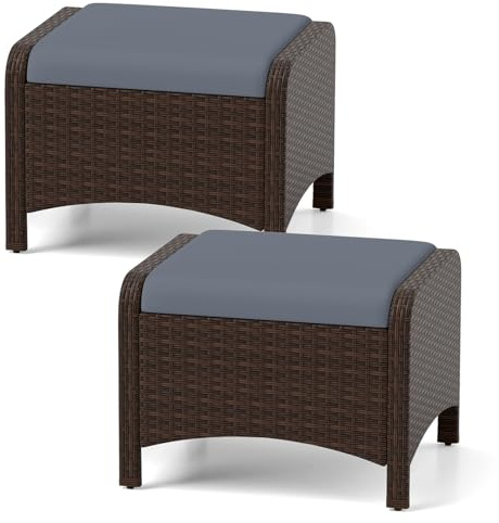 COSTWAY 2er Set Fußhocker Rattan, Sitzhocker mit abnehmbarem Kissen | Rattanhocker wetterfest, Gartenhocker für Garten, Balkon, Terrasse, Grau