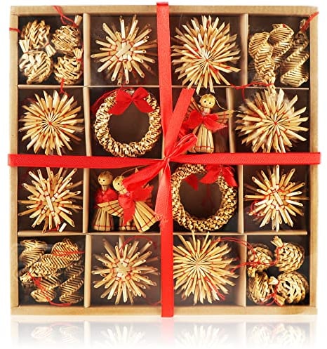 com-four® 56-teiliges Strohsterne Set - Sterne, Glocken, Tannen und traditionelle Figuren als Christbaum-Schmuck - kleine Stroh-Anhänger als Weihnachtsbaumschmuck - natürlicher Christbaum-Behang