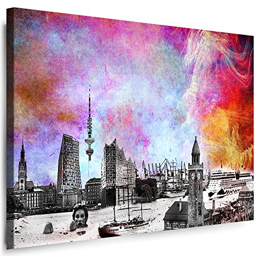 Hamburg Wandbild - 100 x 70 cm Querformat Bild - Leinwand mit Rahmen (Leinwandbild) Städte Kunstdrucke Skyline, Turm, Brücke Wanddeko St-01-12