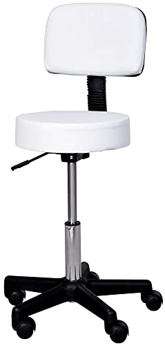 HOMCOM Rollhocker Höhenverstellbarer Arbeitshocker mit Lehne, Drehbarer Salon Hocker für Massage Büro Kunstleder Weiß Ø35 x 72-84 cm