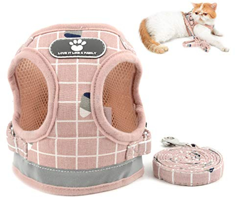 SELMAI Plaid Cat Harness and Lead set Escape Proof Reflective Soft Mesh Chest Harness for Kitten Small Dogs Puppy No Pull Easy on Step in Vest Harness for Chihuahua Walking Training Outdoor Pink S