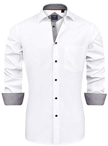 J.VER Men's White Dress Shirts Long Sleeve Business Regular Fit Fashion Button Down Stretch Formal Shirt Wedding Work Non Iron L