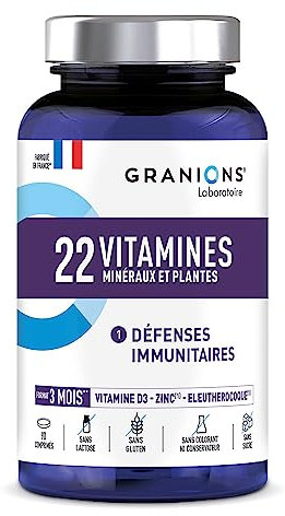 GRANIONS 22 VITAMINES - Multivitamines et Minéraux - Immunité Adulte - Magnesium, Zinc, Vitamine B12, Vitamine D3 - Vitamines, Minéraux - 90 Comprimés FORMAT 3 MOIS - Fabriqué en France