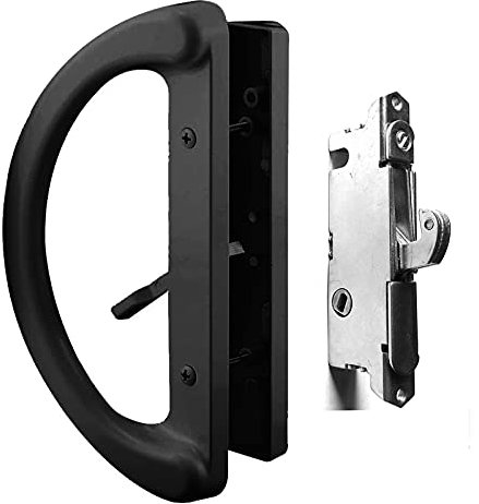 Patio Sliding Glass Door Handle Set with 45° Mortise Lock Suitable for Sliding Glass Patio Door Thickness from 1-1/2 to 1-3/4, Fits 3-15/16” Screw Hole Spacing, Reversible Design(Non-Handed), Black