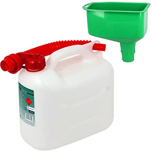 SPARES2GO 5 Litre Fuel Can Petrol Diesel Jerry Canister with Flexible Spout + Funnel