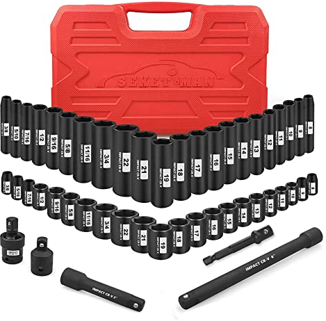 SEKETMAN 3/8-Inch Drive Impact Socket Set,49 Pieces,SAE/Metric,Deep/Shallow,(5/16-3/4,8mm-22mm),6 Point,CR-V Steel,Includes Extension Bar,Adapter and Universal Joint