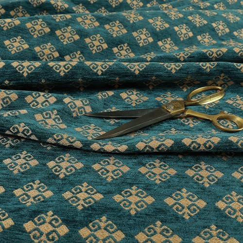 Redbrick Mill Fabrics Weicher, moderner und hochwertiger Polsterstoff mit Rautenmuster in Blau, Blaugrün und Gold (pro Meter)