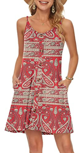 WNEEDU Robe D'été Femme Bretelles Spaghetti de Plage Courte Robes Décontractée Col en V avec Poches Fleur Rouge Bohème XL