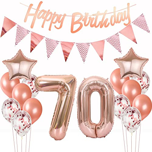 Deko 70. Geburtstag Frauen Rosegold - Luftballons, Girlande, Banner für Geburtstagsdekoration