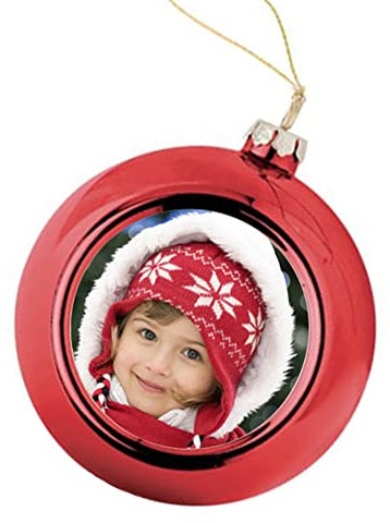 Bola de Navidad Roja Personalizada con Foto – Adorno Navideño de 7,5 cm con Opción de Texto y Cinta Dorada