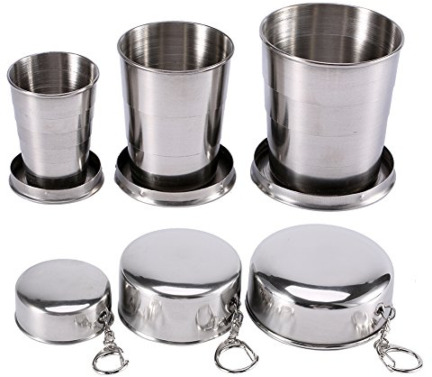 Serlium Vasos Plegables para Platos y Utensilios, Taza de Camping Plegable de Acero Inoxidable con Tapas 2.5 oz 4.7 oz 8.2 oz Taza de Bebida portátil Reutilizable expandible para Supervivencia(L)