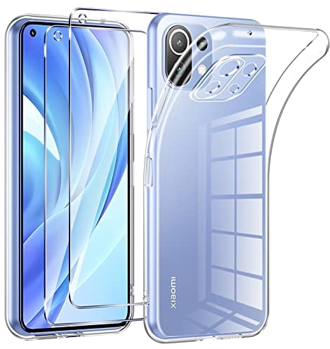 Phoona HandyHülle für Xiaomi Mi 11 Lite 4G/5G/5G NE Hülle mit 2 Stück Panzerfolie,Dünne Weiche TPU Silikon Transparent Stoßfest Schutzhülle für Xiaomi 11 Lite Hülle Klar Kratzfest