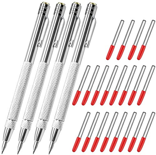 4 pezzi strumento per incisione al carburo con 20 punte di marcatura di ricambio, penna per incisione al carburo di alluminio penna per incisione con clip, penna per incisione in metallo (Argento)