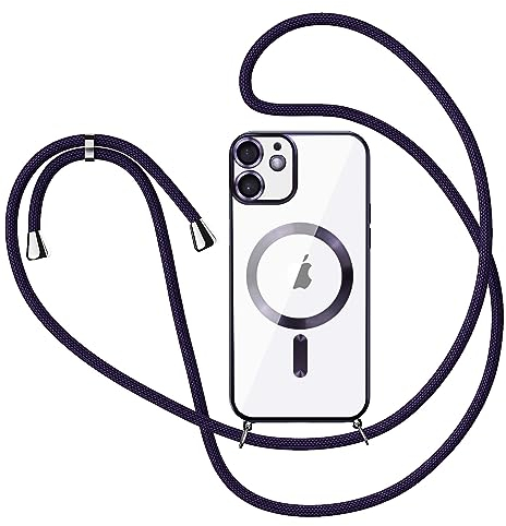 TVVTPU Handyband für iPhone 12 Hülle mit Band, Magnetisch Handyhülle kompatibel mit Magsafe, Transparent Anti-Vergilbung Stossfest Schutzhülle mit Kette zum Umhängeband, Dunkellila