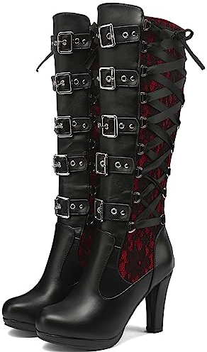 Wavyvigs Damen Spitzen Gothic Stiefel kniehohe Schnalle hoher Absatz Schnürplattform Punk kniehohe Stiefel Rot Größe 39