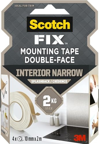 Scotch-Fix Double-Sided Foam Tape for Splashback Panels - 4 Rolls 10mm x 2m - for Bathrooms and Kitchens - No Need for Nails, Screws or Glue - Holds up to 2 kg