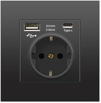 Enchufe de Pared 250V 16A. Toma de Corriente Empotrada. Enchufe Múltiple de una toma, USB-A, USB-C 5V 2100mA de Carga Rápida. Enchufe Europeo Interior.