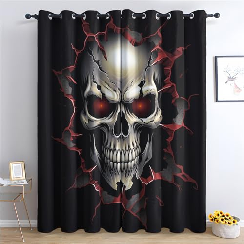 THYUNQ Vorhänge Gothic Totenkopf Motiv, Vorhang Blickdicht Verdunklungsvorhänge Thermovorhang mit Ösen, Gardinen Wohnzimmer Schlafzimmer Fenster, 2er Set Curtains, H 200 x B 140 cm