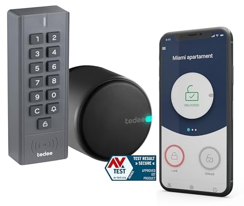 tedee GO Set | Serrure et clavier noirs | Serrure de porte intelligente | Clavier à touches | Solution Smart Home pour iOS et Android | Bluetooth | Serrure moteur | Accès via codes PIN | Pas de