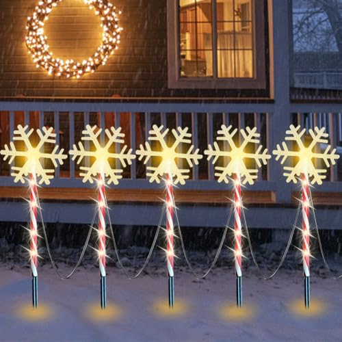 Umikk Solar Weihnachtsdeko Aussen,Weihnachtsdeko Aussen Solar Wetterfest Tannenbaum,5 Stück Weihnachtssolarlichter mit LED und 8 Beleuchtungsmodi,Weihnachtsdeko Schneeflocken Solarlampen